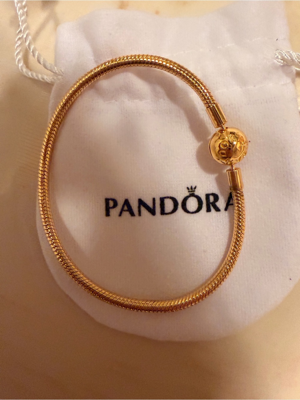 Pandora Gold Tone Snake Chain Bracelet with Signature Clasp